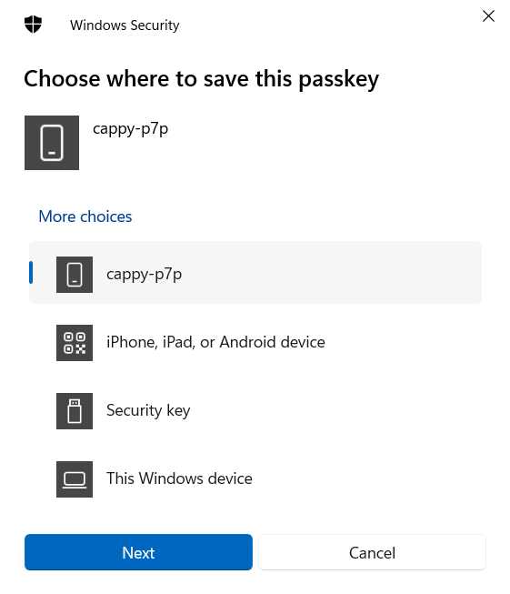 A screenshot of the Windows Hello prompt asking the user to choose where to save their new passkey. The list of options includes an entry with a phone icon titled cappy-p7p as an example of a phone that has been persistently linked to the access device the user is current registering a new passkey from.